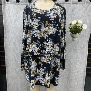 J Jill Floral Layered Tunic Top Size XL Black Multi Long Sleeve Cotton Blend